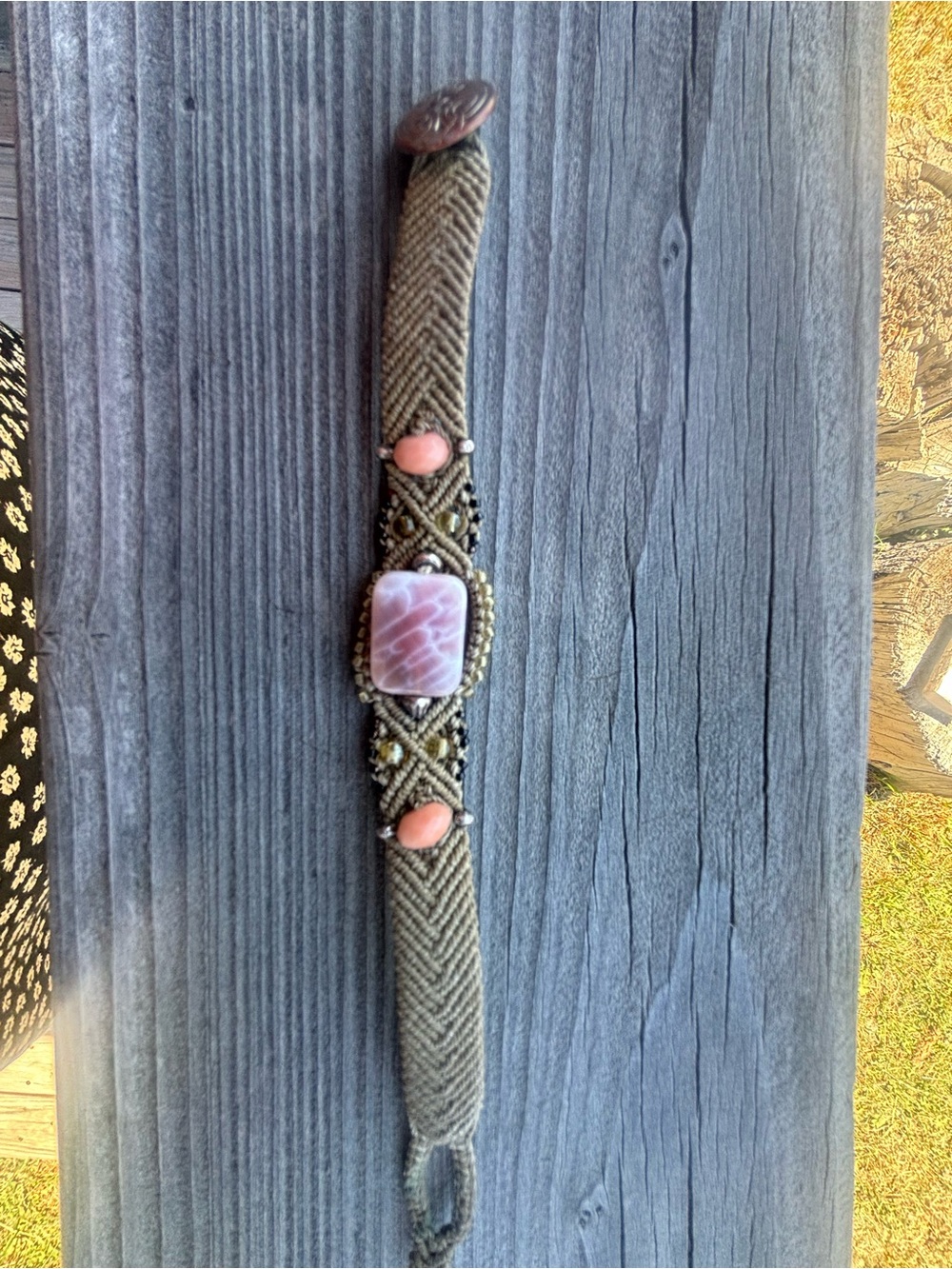Handwoven Beige Macramé Bracelet with Pink Stone Center